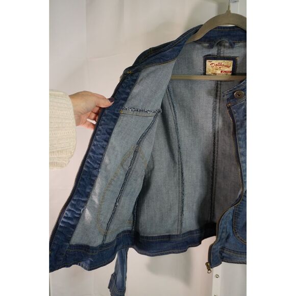 Vintage NYC Dollhouse XL Distressed Denim Bomber Jacket with Zippered Detailing - Picture 6 of 8